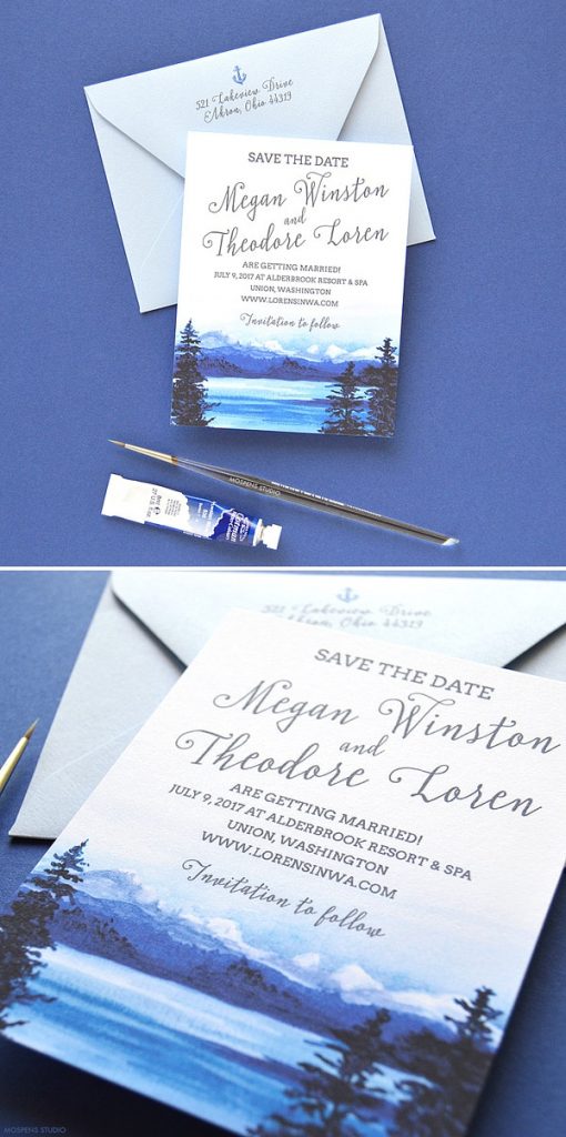 Beautiful watercolor illustrated mountain save the date cards. 100% original artwork by Michelle Mospens. // Mospens Studio #mountainwedding #savethedates #savethedatecards #originalart #weddinginvitations #destinationwedding