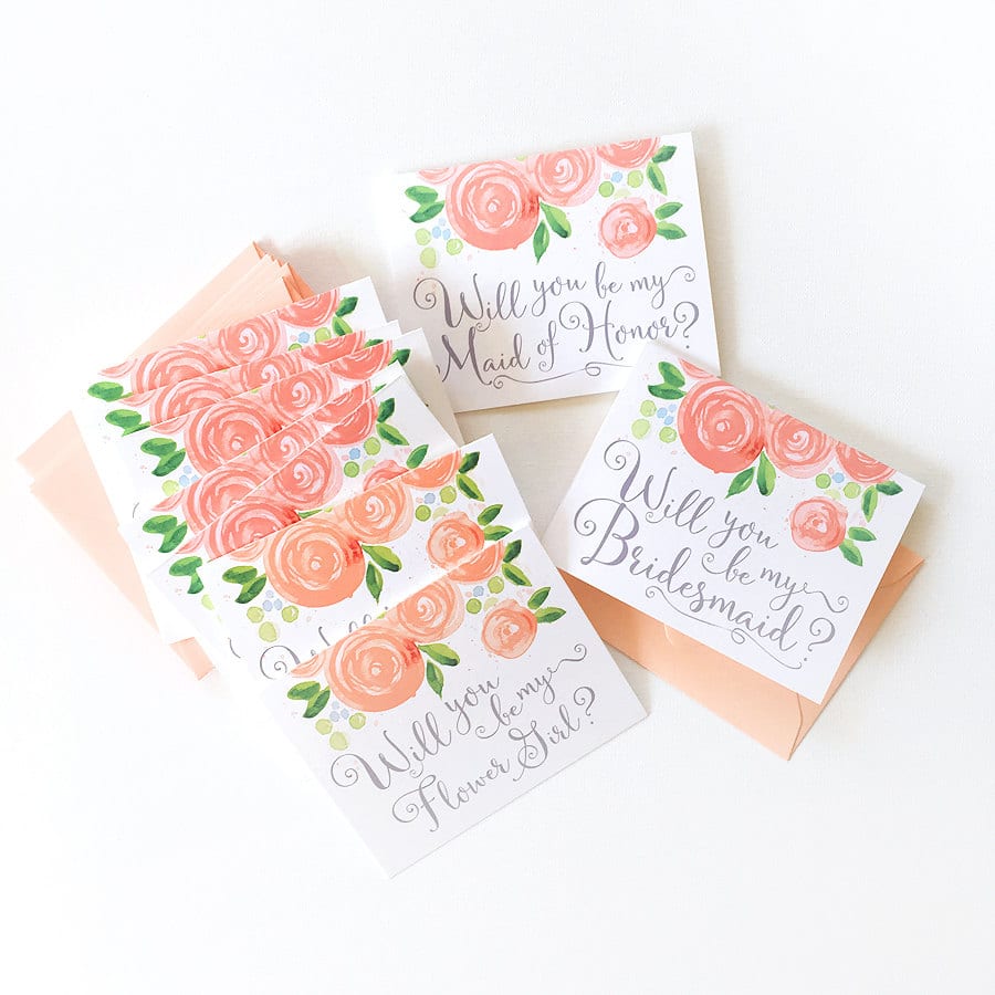 Rose blooms watercolor Will You Be My Bridesmaid card set by artist Michelle Mospens - www.mospensstudio.com