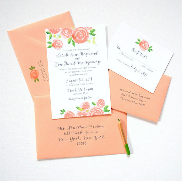 Watercolor peach rose blooms wedding invitations - www.mospensstudio.com