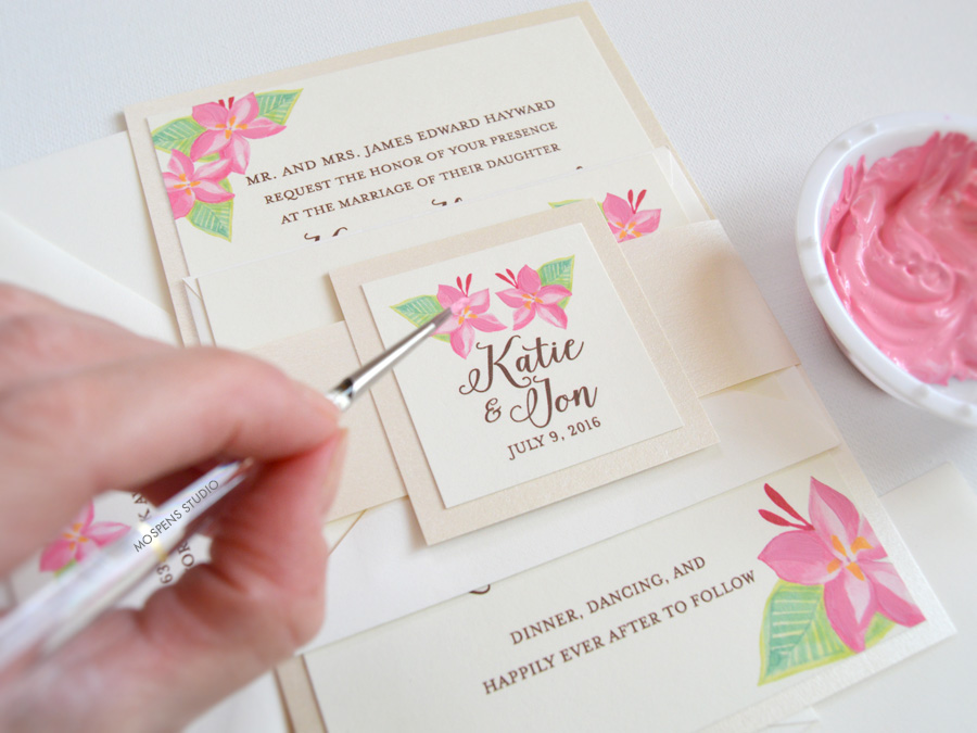 Hand painted tropical wedding invitations by artist Michelle Mospens. - www.mospensstudio.com