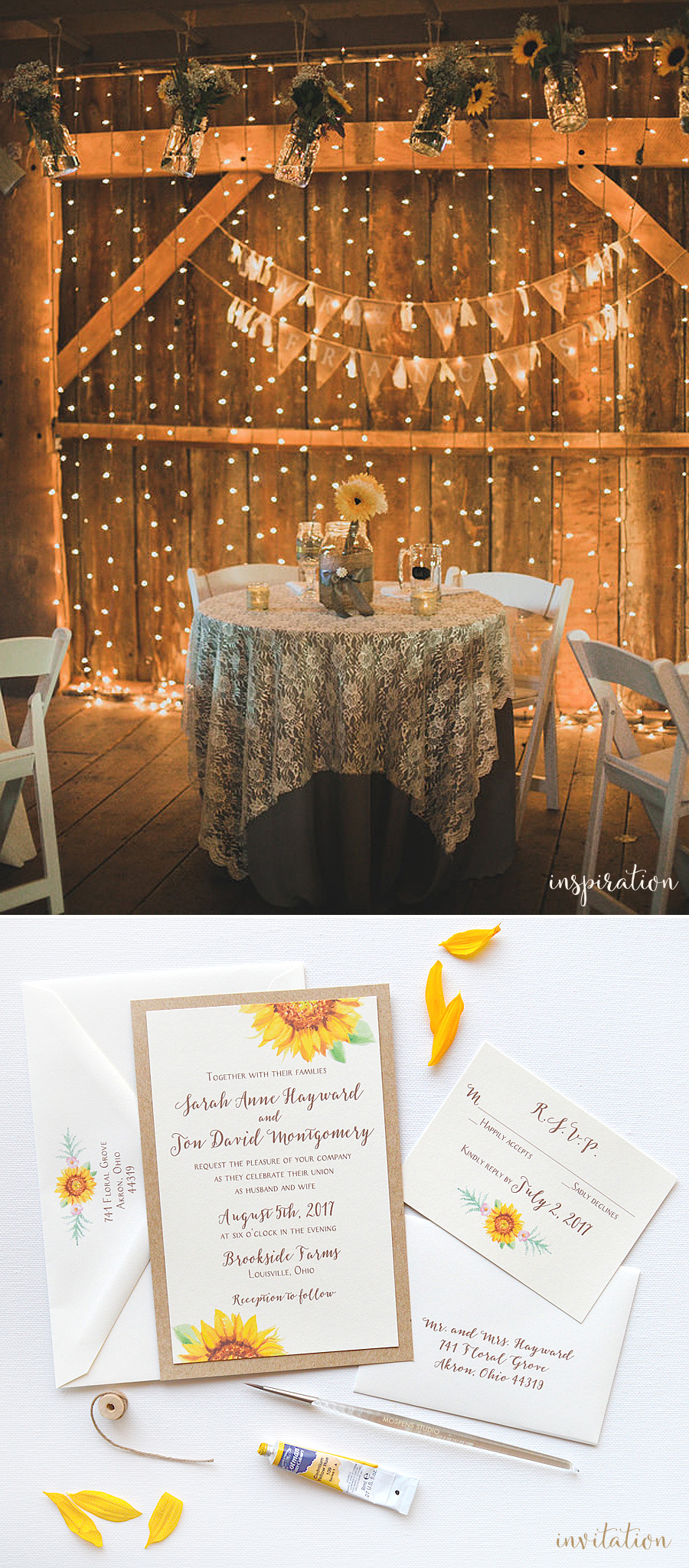 Charming rustic wedding ideas - Twinkling lights, sunflowers, lace and burlap goes perfectly with sweet watercolor sunflower wedding invitations - www.mospensstudio.com
