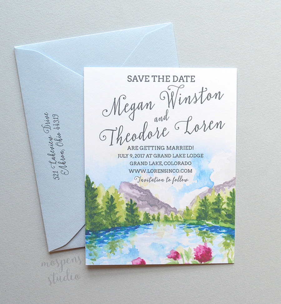 Spring Mountains watercolor save the dates by Michelle Mospens. - www.mospensstudio.com