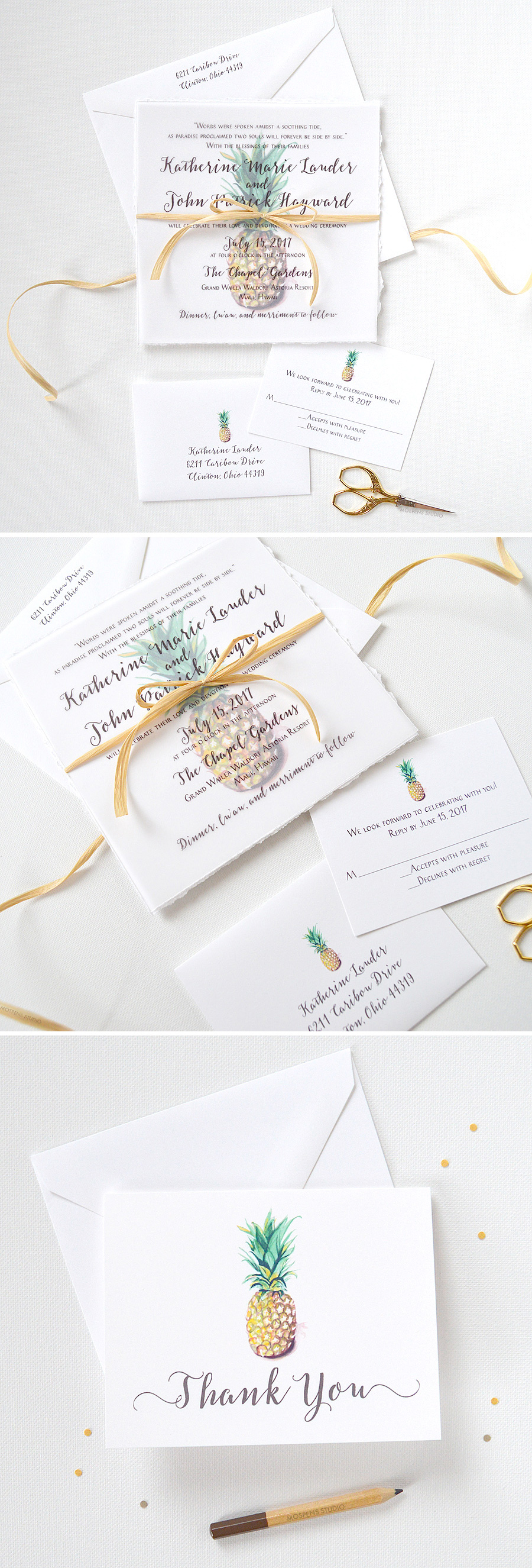 ALOHA! The Pineapple Wedding Invitation design features hand-torn deckled edges, pineapple watercolor art, and lovely hand-tied wraphia. Overlay with text reveals a pineapple print keepsake for your guests. Now available! - www.mospensstudio.com