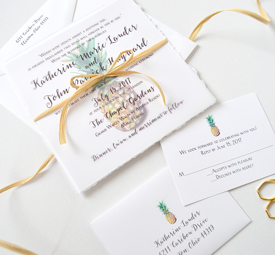 Tropical watercolor pineapple wedding invitations - www.mospensstudio.com