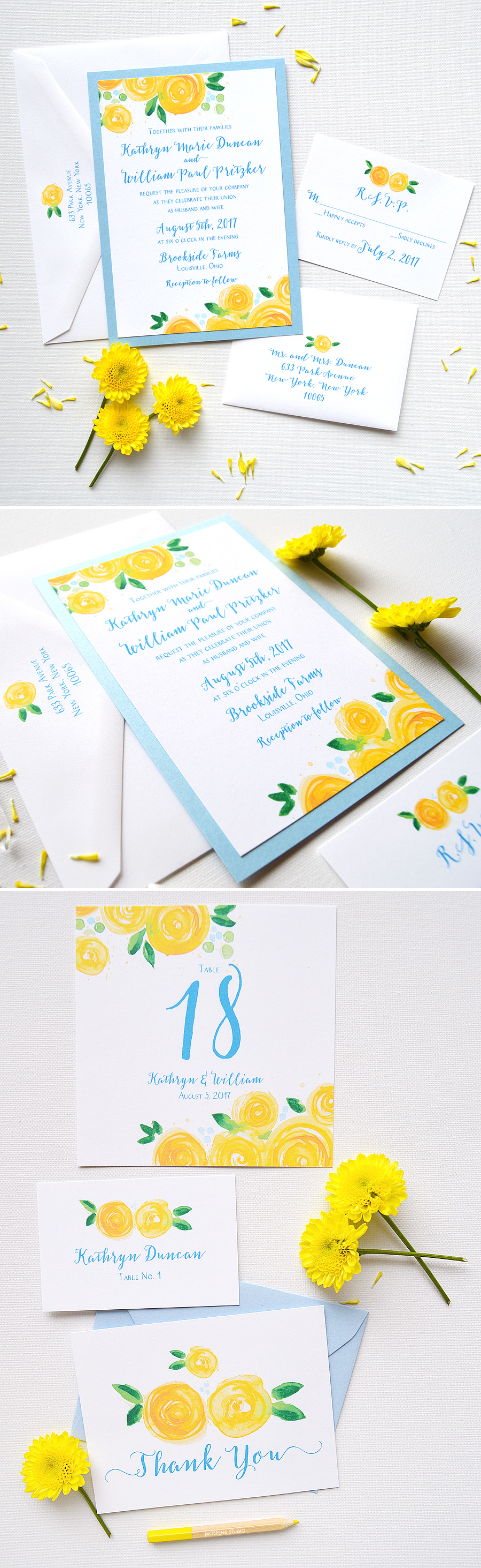 The Yellow Rose Blooms Wedding Invitation design features light blue metallic card layer, original watercolor rose art, and modern fonts in beautiful blue ink. Letterpress and raised ink upgrades available! - www.mospensstudio.com