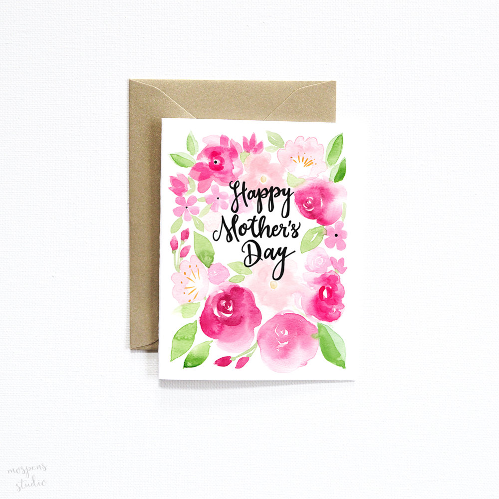 Flat Mother's Day Card Pack of 10 Pink Flower Cards Valentines Day Card Thank You Watercolor Flower Stationery Greeting Card
