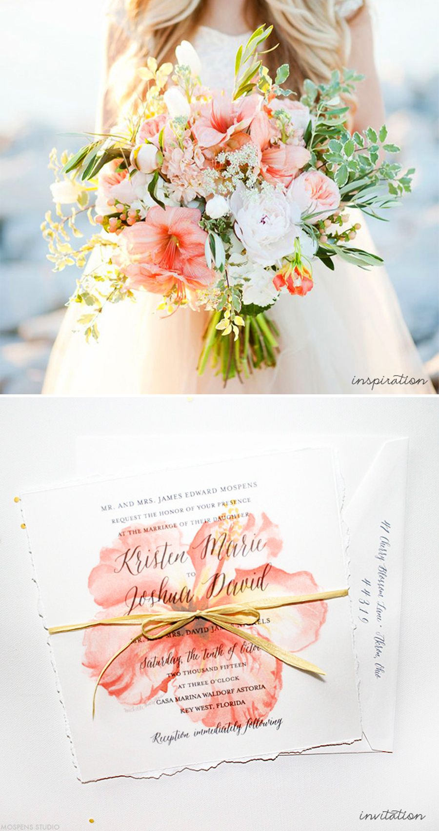 Hand-painted tropical wedding invitations by artist Michelle Mospens. // Watercolor beach wedding invitations and peach floral inspiration - www.mospensstudio.com
