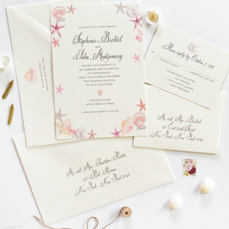 Beautiful beach wedding invitations with watercolor seashells by artist Michelle Mospens. www.mospensstudio.com