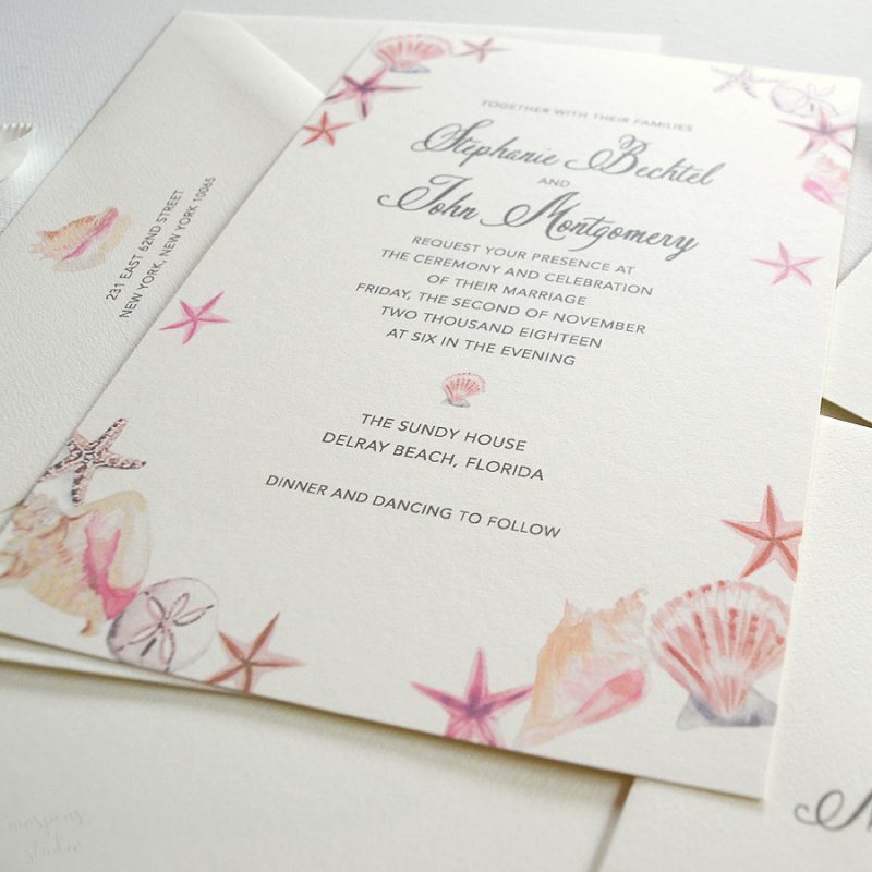 Watercolor beach wedding invitations with seashells by artist Michelle Mospens. www.mospensstudio.com