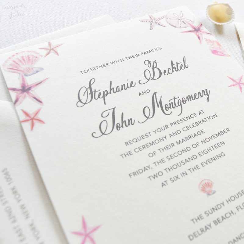 Watercolor beach wedding invitations with seashells by artist Michelle Mospens. www.mospensstudio.com