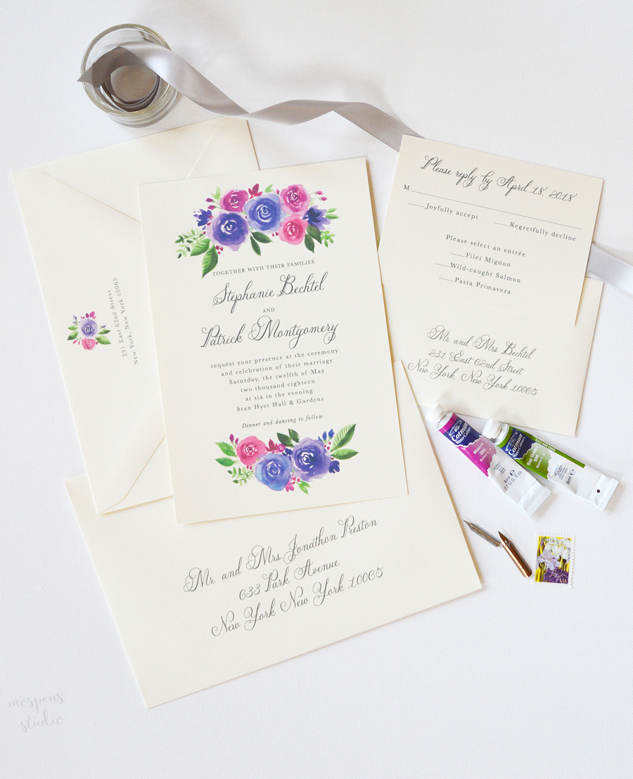Watercolor floral wedding invitations with purple and pink roses. Perfect for a fall wedding!