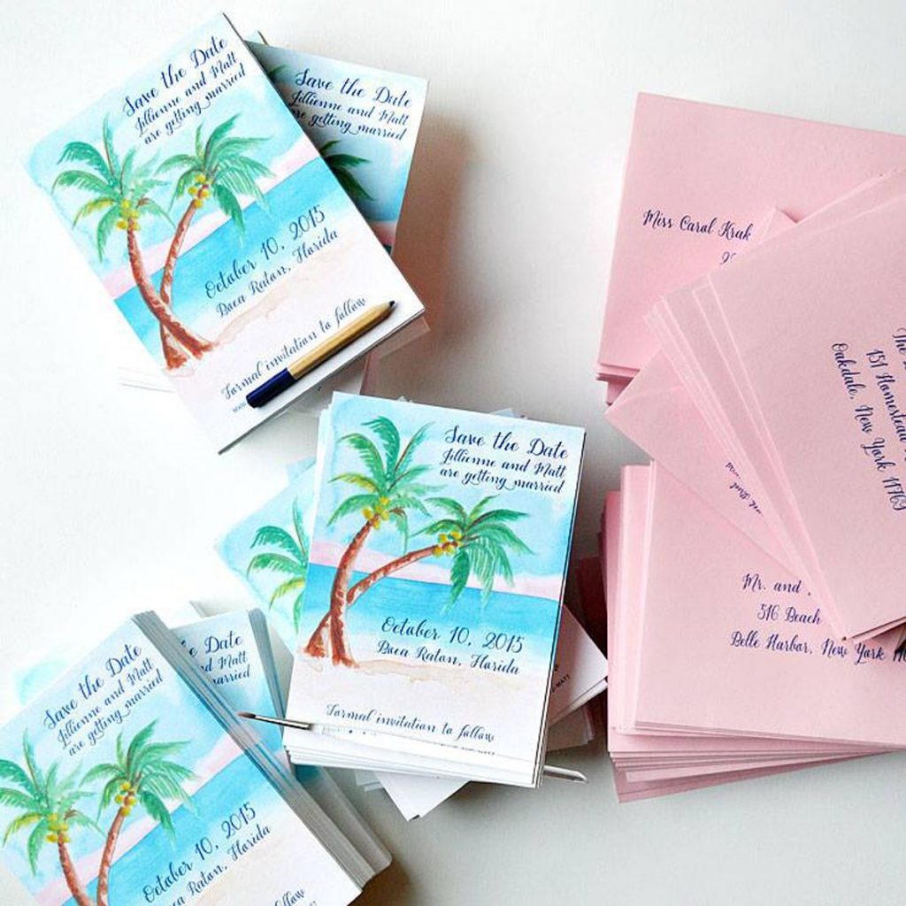 Hand-painted palm tree and beach for a destination wedding save the date. www.mospensstudio.com