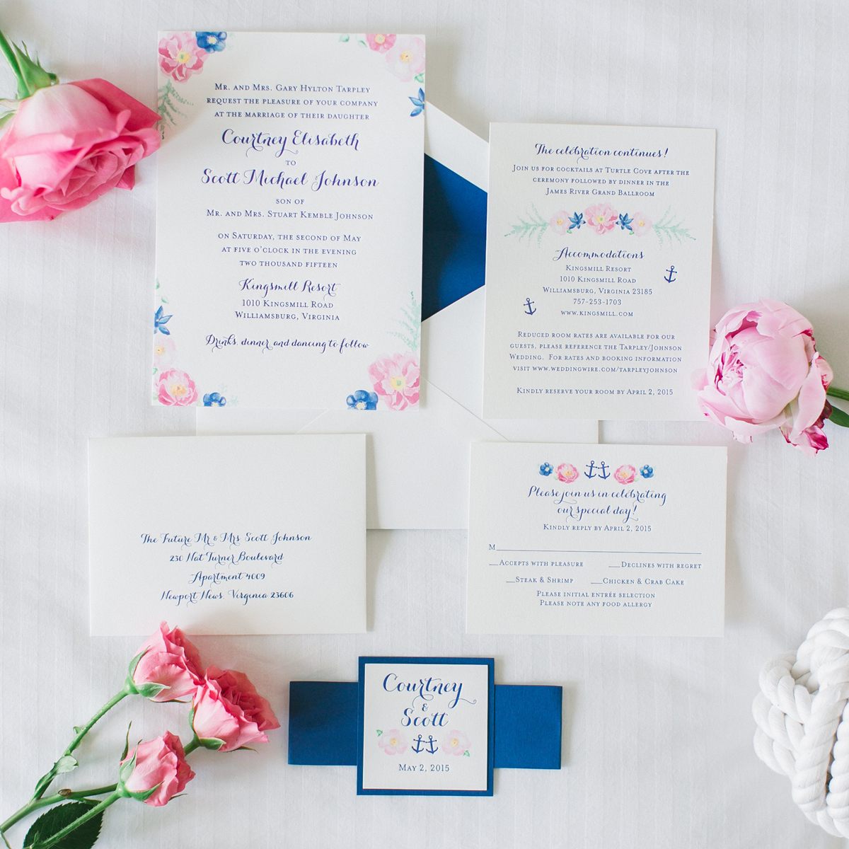 Gorgeous watercolor flowers and letterpress printed wedding invitation suite.
