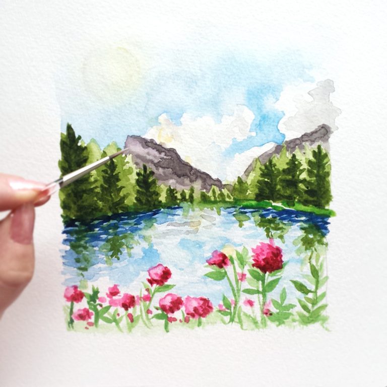 Hand-painted watercolor mountains for a Save the Date Card. Original art by Michelle Mospens. - Mospens Studio