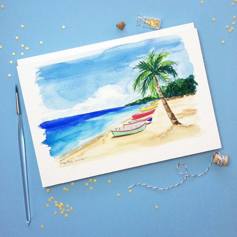 Hand-painted puerto rico beach for a destination wedding by artist Michelle Mospens. - Mospens Studio