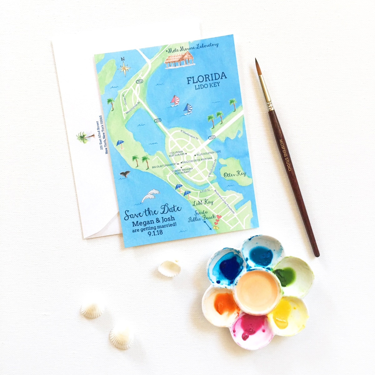 Custom watercolor Lido Key Florida Map save the date cards. Perfect for your destination wedding in Key West Florida. - www.mospensstudio.com