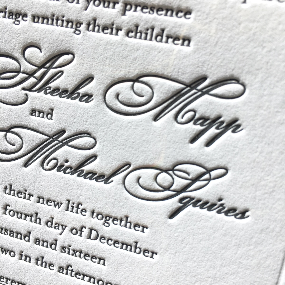 Elegant letterpress wedding invitations with classic debossed printing by James Mospens. Chic and polished printing. Perfect for a standout celebration. www.mospensstudio.com