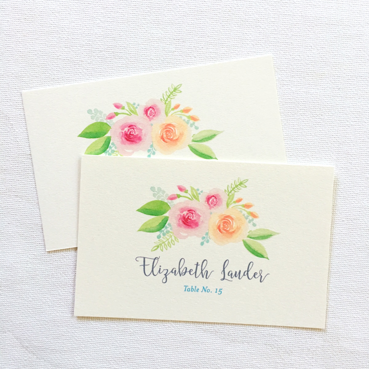 Watercolor Summer Bouquet floral place cards by artist Michelle Mospens. www.mospensstudio.com