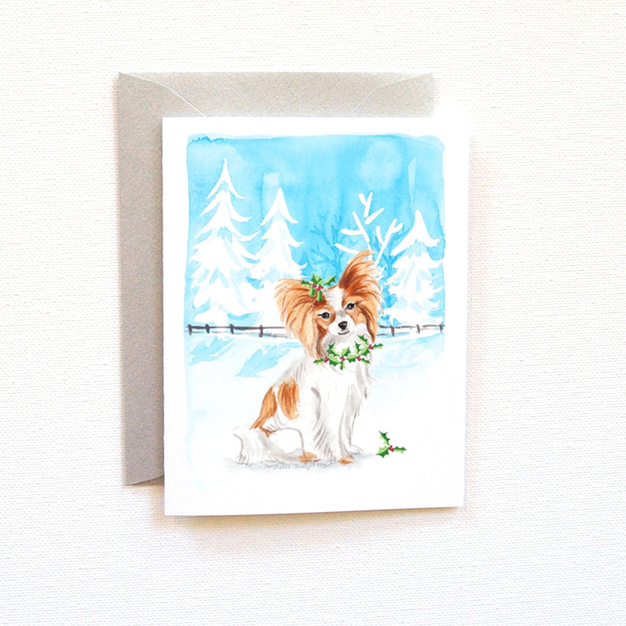 Papillon Dog Christmas Card Set  Watercolor Wedding 