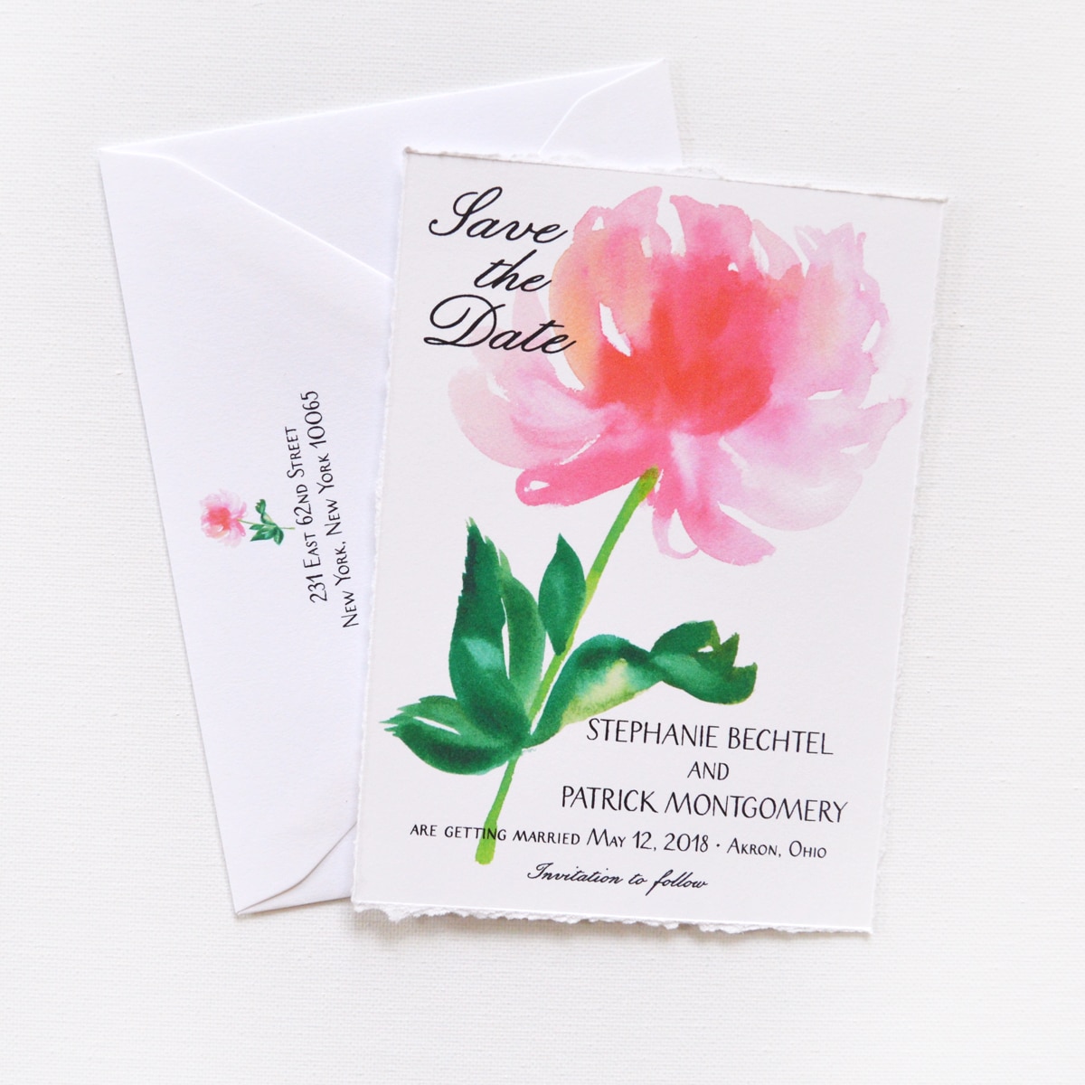 Custom save the dates with watercolor pink peony by artist Michelle Mospens. www.mospensstudio.com