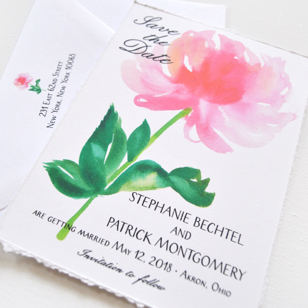 Custom save the dates with watercolor pink peony by artist Michelle Mospens. www.mospensstudio.com