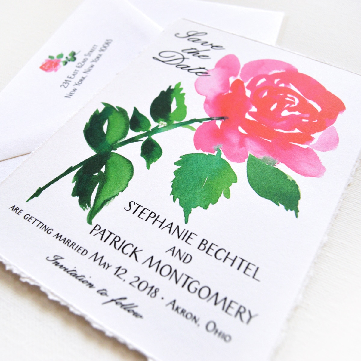 Custom save the dates with watercolor red rose by artist Michelle Mospens. www.mospensstudio.com