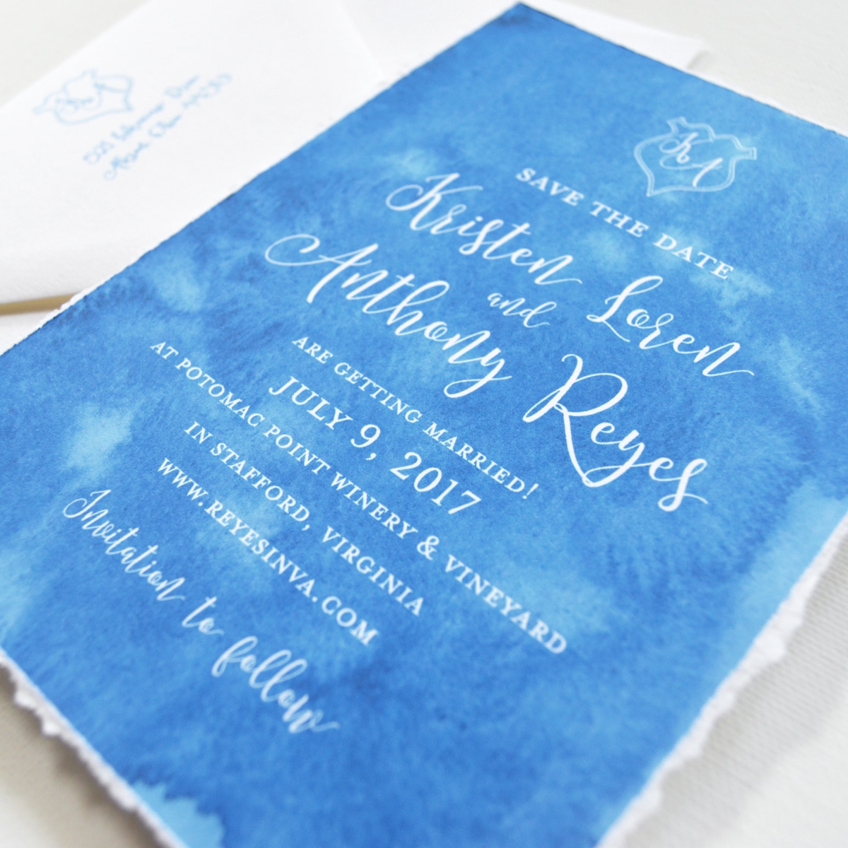 Custom save the dates with watercolor blue starlight sky by artist Michelle Mospens. www.mospensstudio.com