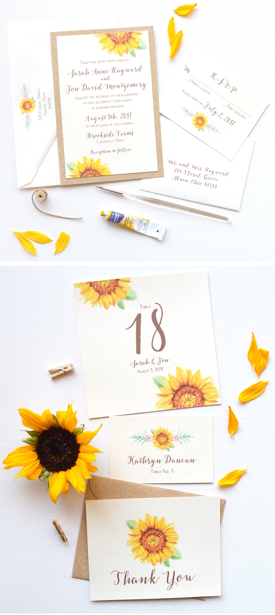 The Sunflower Blooms Wedding Invitation design features country straw card layer, and original watercolor sunflower art. Now available! - www.mospensstudio.com
