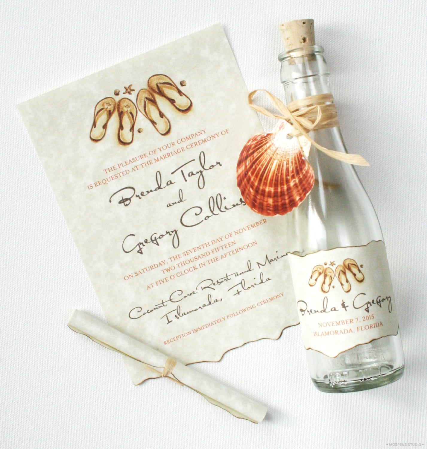 21 Bottle Beach Wedding Invitation Ideas you'll love for your beach wedding! www.mospensstudio.com