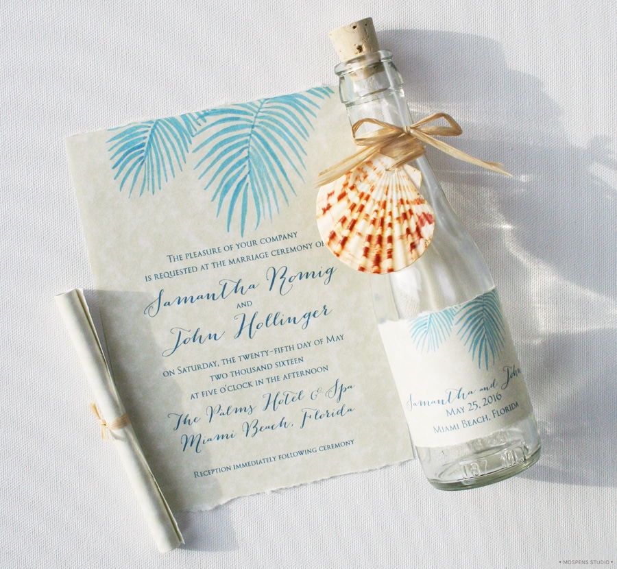 Painted Palm Fronds Beach Bottle Wedding Invitations Mospens Studio