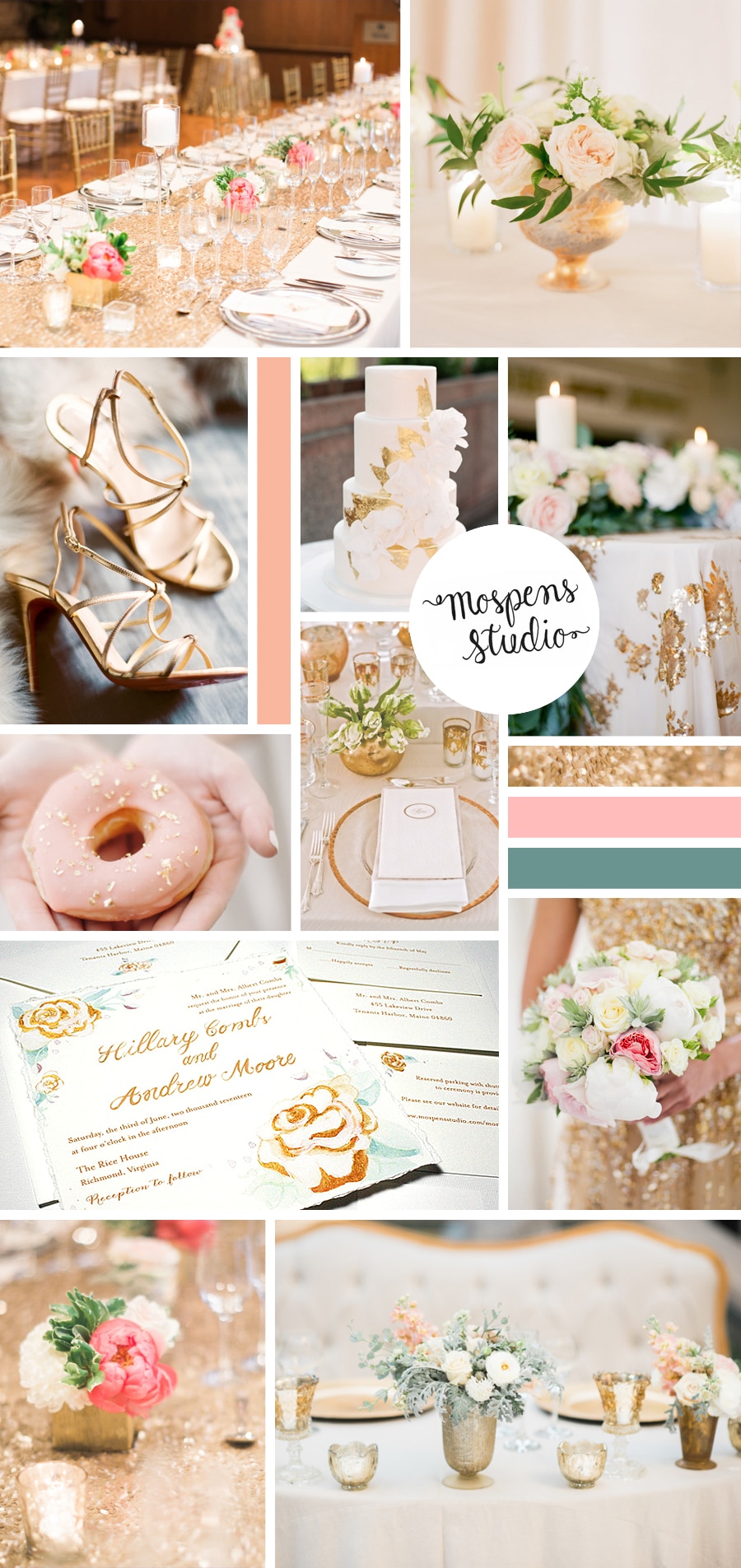 11 Gorgeous Gold Wedding Ideas from Mospens Studio - Peach, pink, green, and gold wedding inspiration.