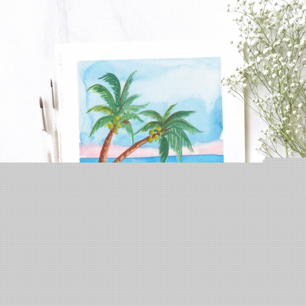 Hand-painted watercolor palm trees and beach scene with ocean by Michelle Mospens. - Mospens Studio