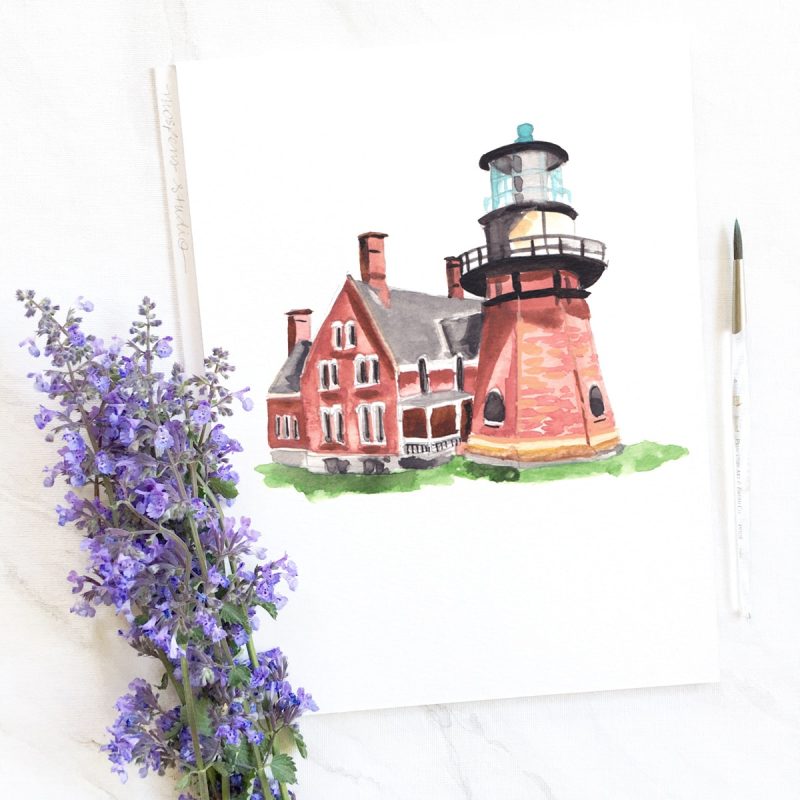 Block Island Southeast Lighthouse watercolor art by artist Michelle Mospens. - Mospens Studio