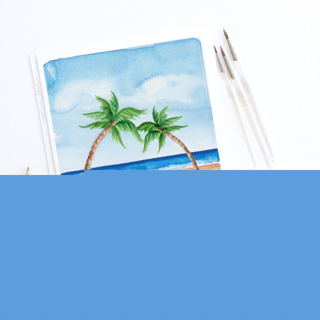 Hand-painted watercolor palm trees and beach scene with ocean by Michelle Mospens. - Mospens Studio