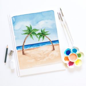 Hand-painted watercolor palm trees and beach scene with ocean by Michelle Mospens. - Mospens Studio