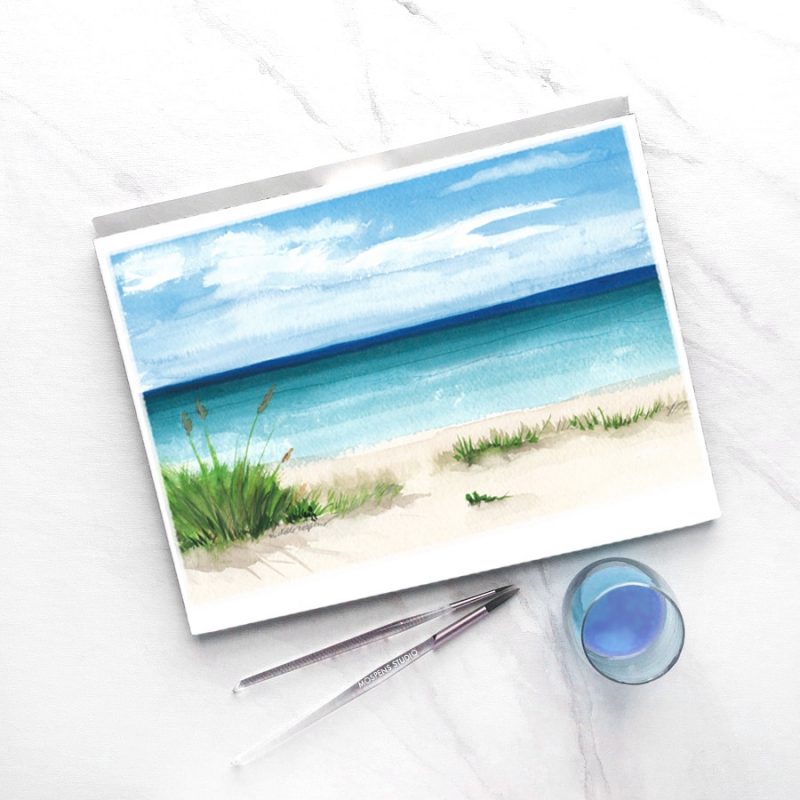 Hand-painted watercolor beach scene with ocean by Michelle Mospens. - Mospens Studio
