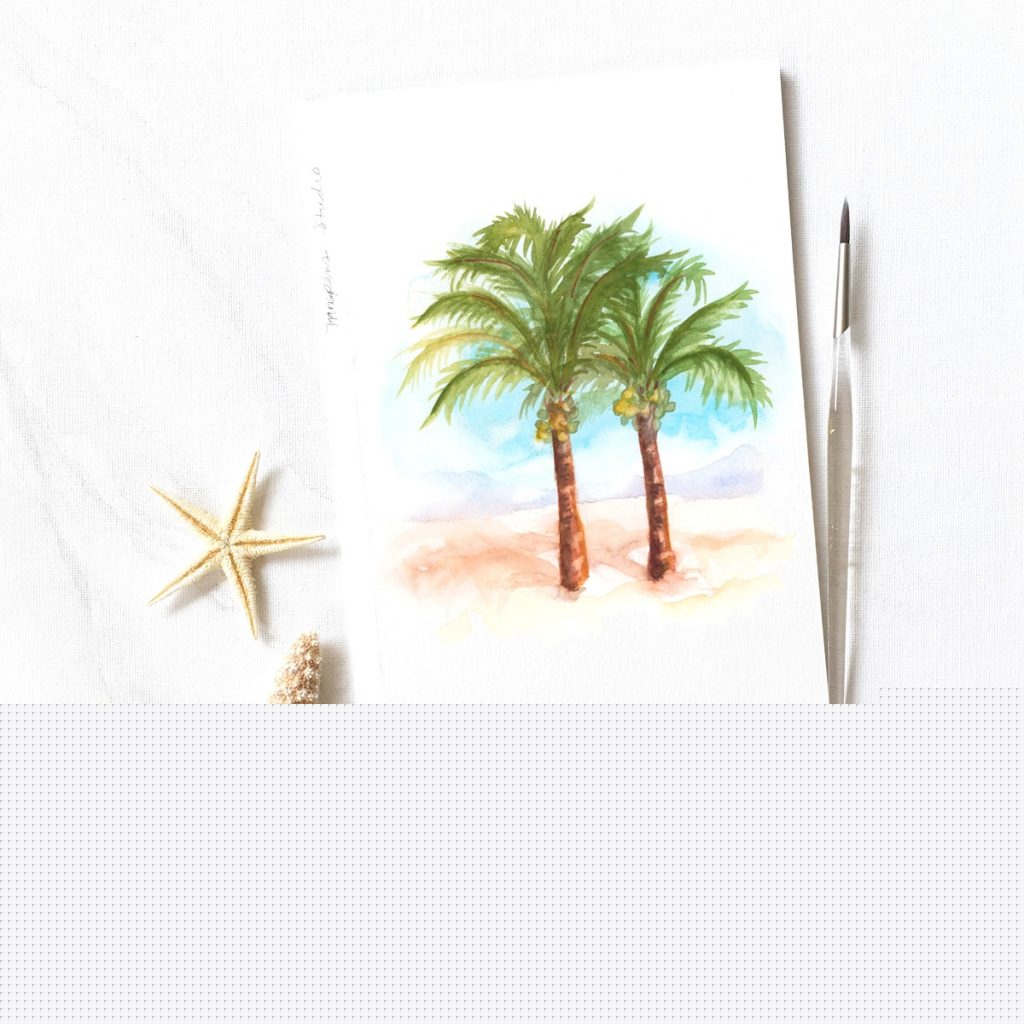 Hand-painted watercolor coconut palm trees by Michelle Mospens. - Mospens Studio