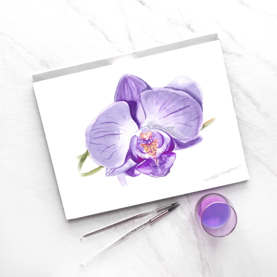 Hand-painted purple orchid by artist Michelle Mospens. - Mospens Studio