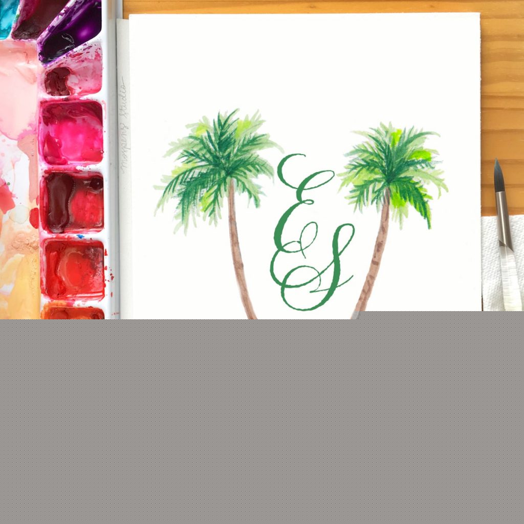 Hand-painted monogram with palm trees for a beach wedding by Michelle Mospens. - Mospens Studio