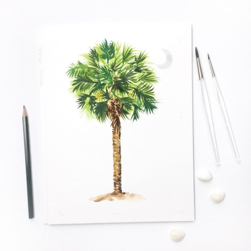 Hand-painted watercolor palmetto SC palm tree by Michelle Mospens. - Mospens Studio