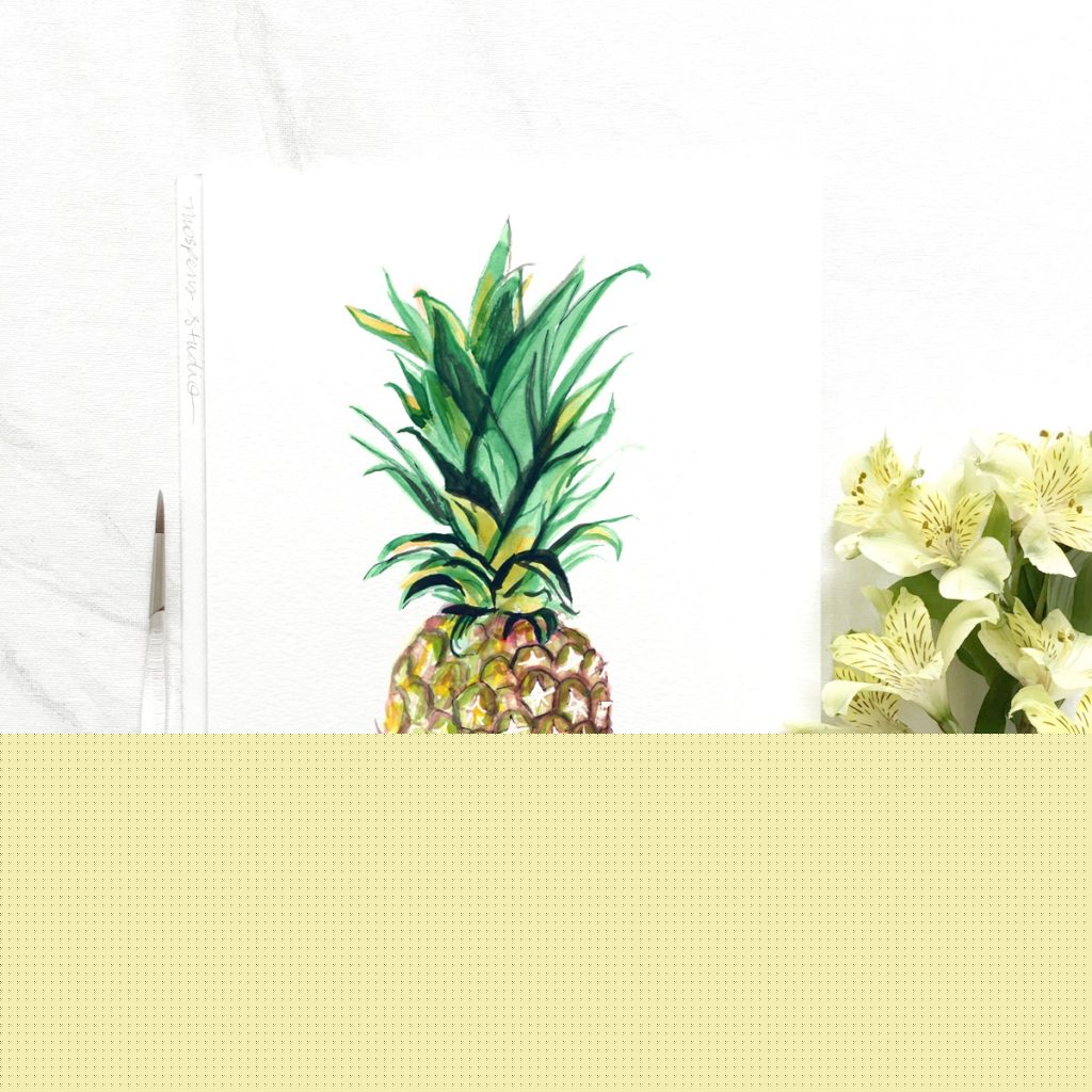 Hand-painted watercolor pineapple fruit for a Hawaiian beach wedding by Michelle Mospens. - Mospens Studio