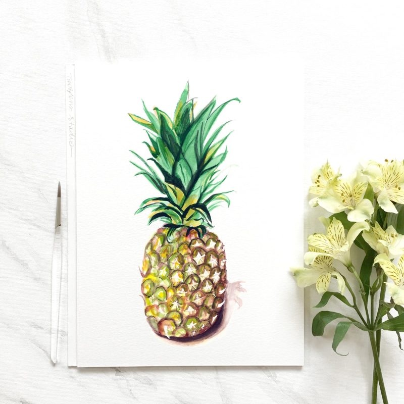 Hand-painted watercolor pineapple fruit for a Hawaiian beach wedding by Michelle Mospens. - Mospens Studio