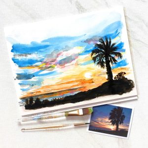 Hand-painted watercolor sunset for a beach wedding by artist Michelle Mospens. - Mospens Studio