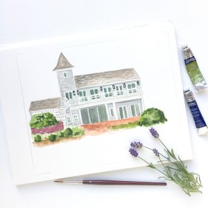 Hand-painted watercolor wedding venue illustration art by artist Michelle Mospens. - Mospens Studio