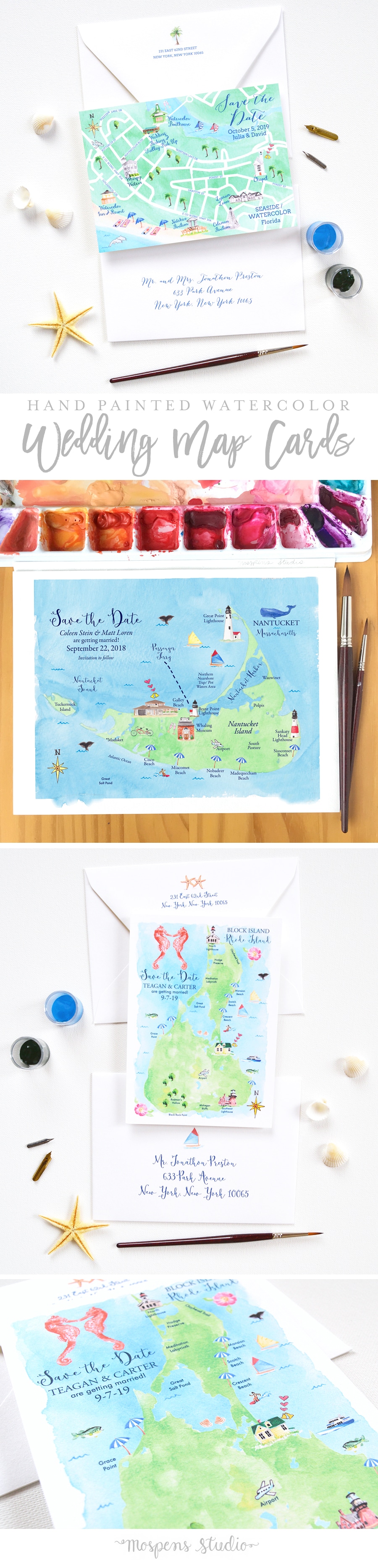 Hand painted watercolor wedding save the date maps by artist Michelle Mospens. | Mospens Studio