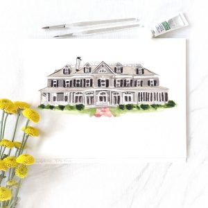 Hand-painted watercolor wedding venue illustration art by artist Michelle Mospens. - Mospens Studio