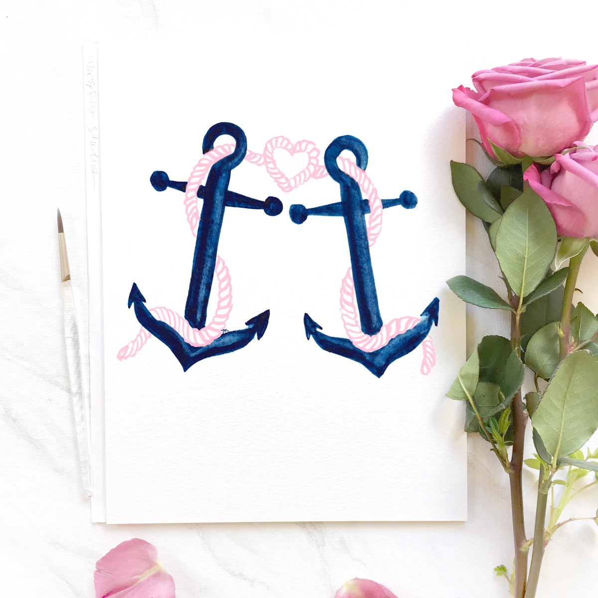 27 Sea-worthy Nautical Wedding Invitations. Hand-painted watercolor anchors with rope tied into heart by artist Michelle Mospens. | Mospens Studio
