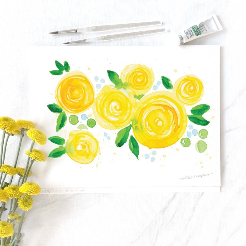 Hand-painted yellow rose blooms for a spring wedding by artist Michelle Mospens.