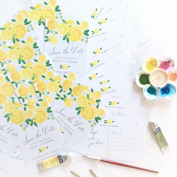 Hand painted watercolor yellow rose blooms by artist Michelle Mospens. MospensStudio.com