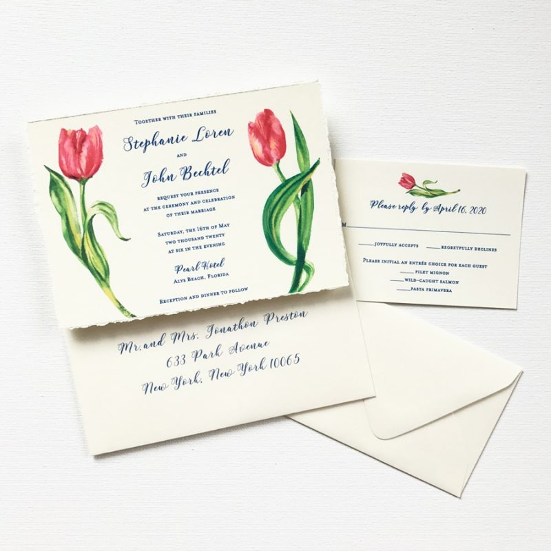 Two watercolor tulips wedding invitations by artist Michelle Mospens. | Mospens Studio
